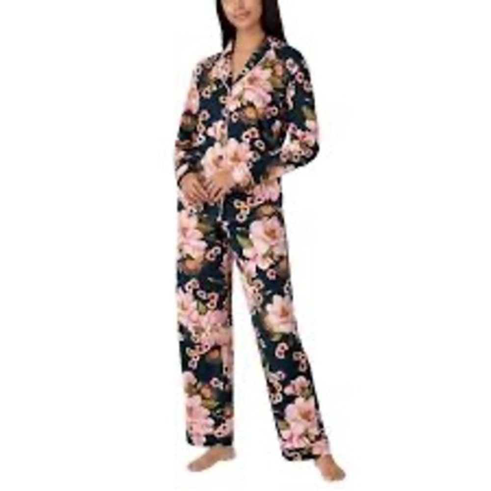 Room Service Floral Pajama Set Navy Pink Long Sleeve Button Down Pants Small